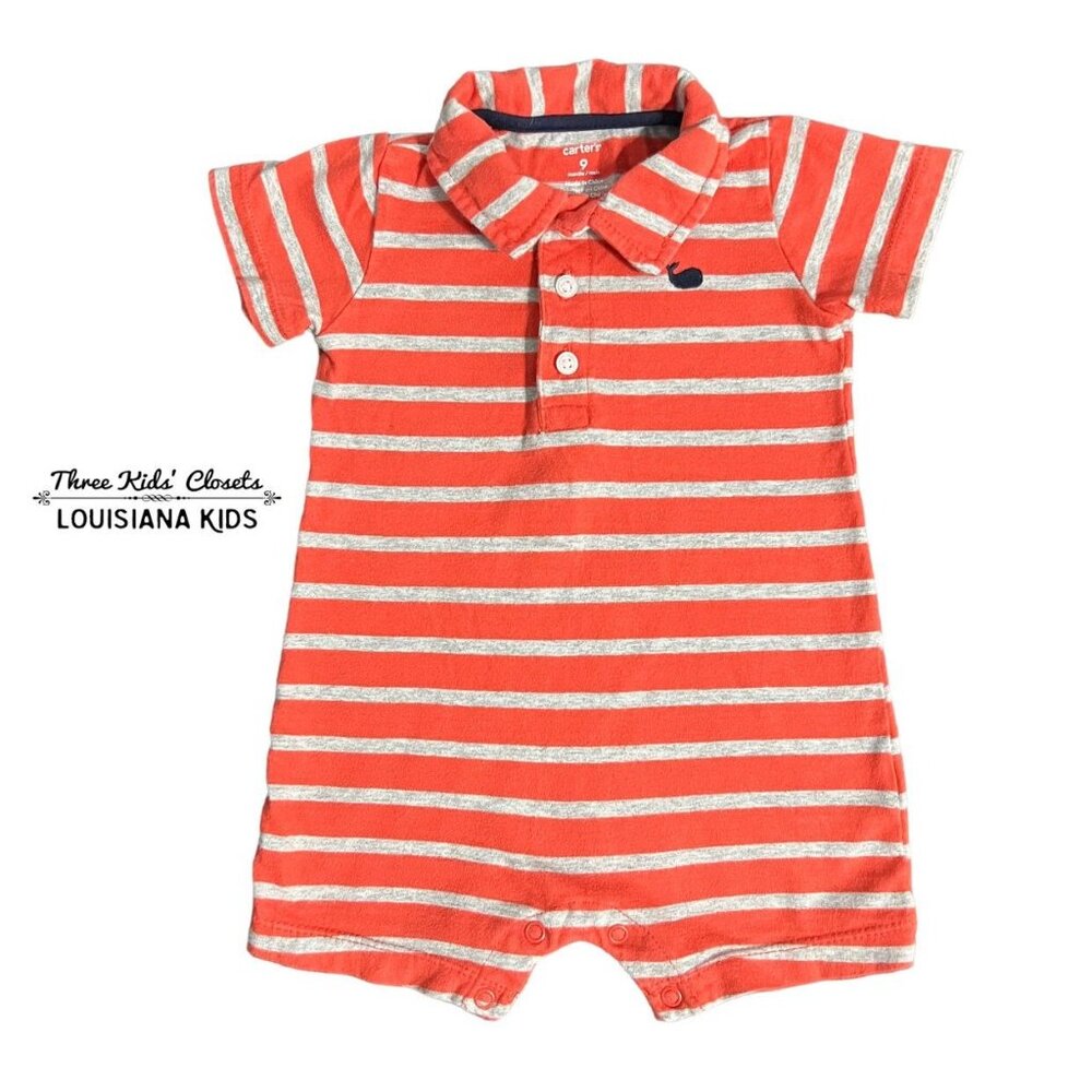 Carter's 9m Coral & Grey Striped Polo Romper